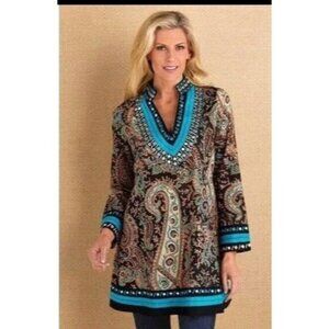 Soft Surroundings Paisley Tunic Dress L Black Blue 100% Cotton Boho Santa Fe